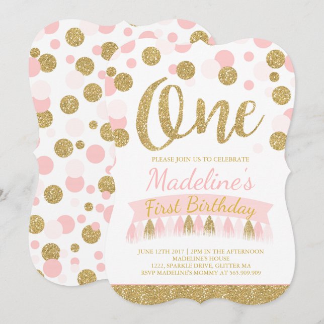 Blush Pink And Gold 1st Birthday Invitation (Front/Back)