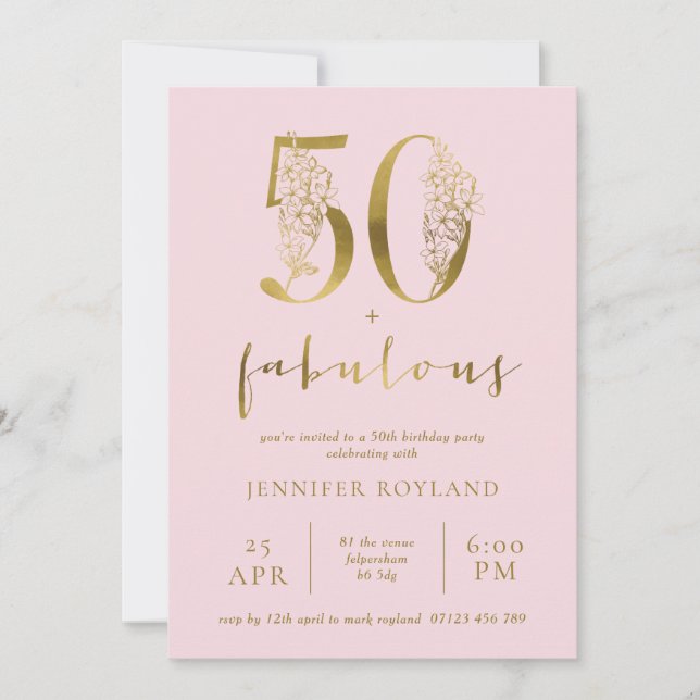Blush Pink and Gold 50 and Fabulous Birthday Party Invitation (Front)