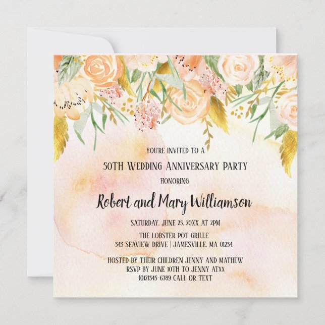 Blush Pink and Gold 50th Anniversary Invitations (Front)