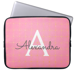 Blush Pink and Gold Art Deco Pattern Monogram Laptop Sleeve
