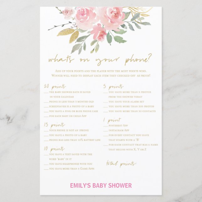 Blush Pink and Gold Baby Shower Game PRINTED (Front)