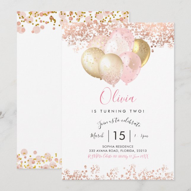 Blush Pink and Gold Birthday Party Invitation (Front/Back)