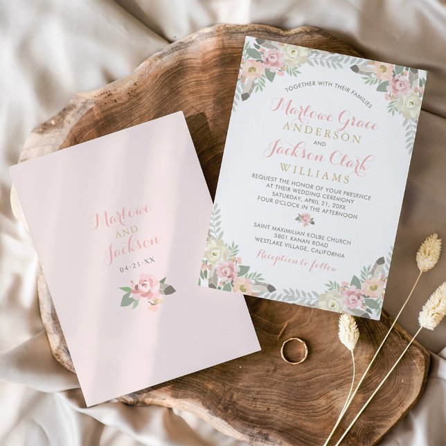 Blush Pink and Gold Boho Floral Border Wedding Invitation (Creator Uploaded)