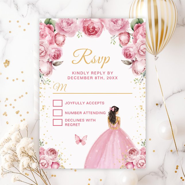 Blush Pink and Gold Brunette Hair Princess RSVP Card (Creator Uploaded)