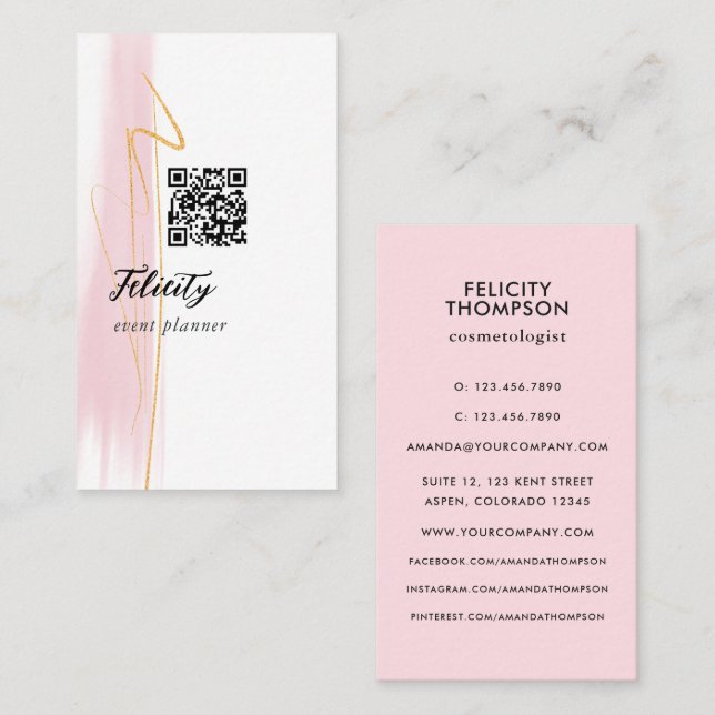 Blush Pink and Gold Brush Strokes QR Code Business Card (Front/Back)