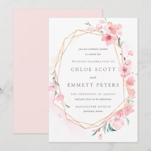 Blush Pink and Gold Cherry Blossom Wedding Invitation