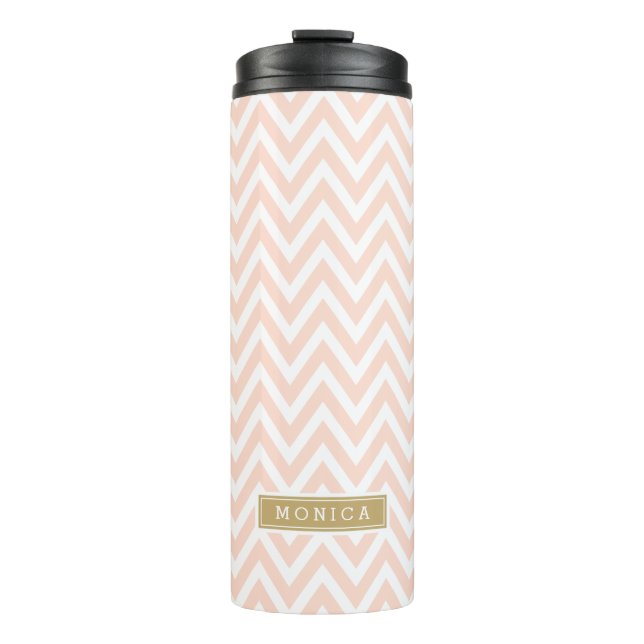 Blush Pink and Gold Chevron Monogram Thermal Tumbler (Front)
