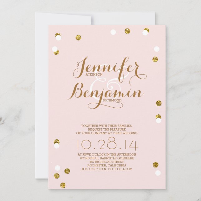 Blush pink and gold confetti modern wedding invite (Front)