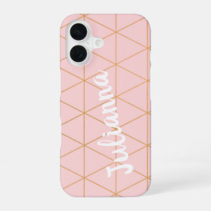Blush Pink and Gold Diamond Grid Line Personalised iPhone 16 Case