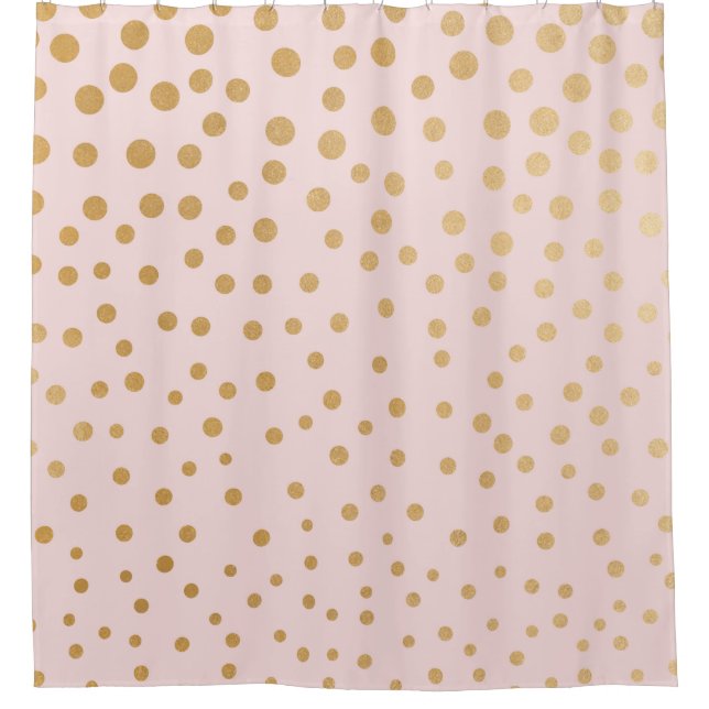 Blush pink and gold dot bathroom shower curtain (Front)