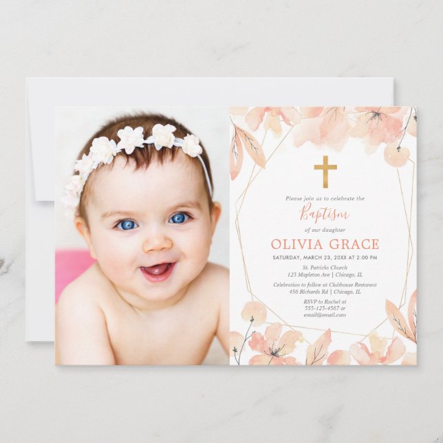 Blush pink and gold elegant floral Baptism photo Invitation (Front)