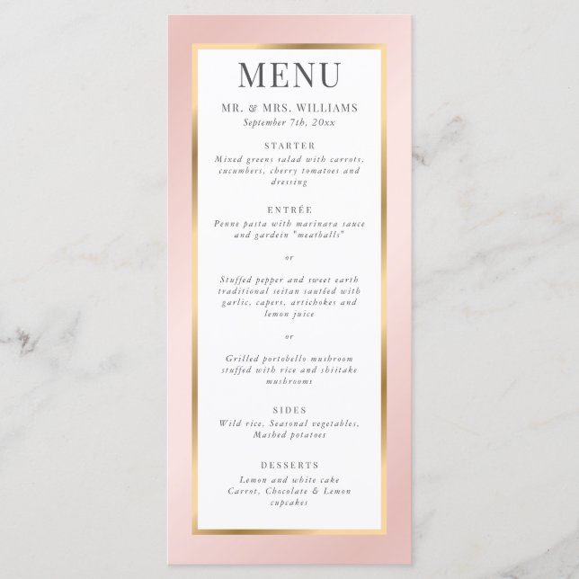Blush Pink and Gold Elegant Modern Wedding Menu (Front)