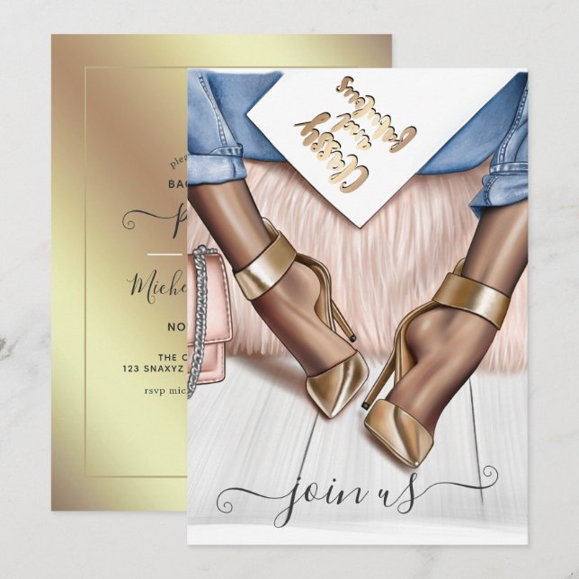 Blush Pink and Gold Fashionista Bachelorette Invit Invitation (Front/Back)