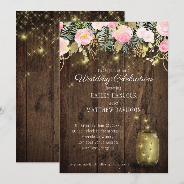Blush Pink and Gold Fireflies Mason Jars Wedding Invitation (Front/Back)