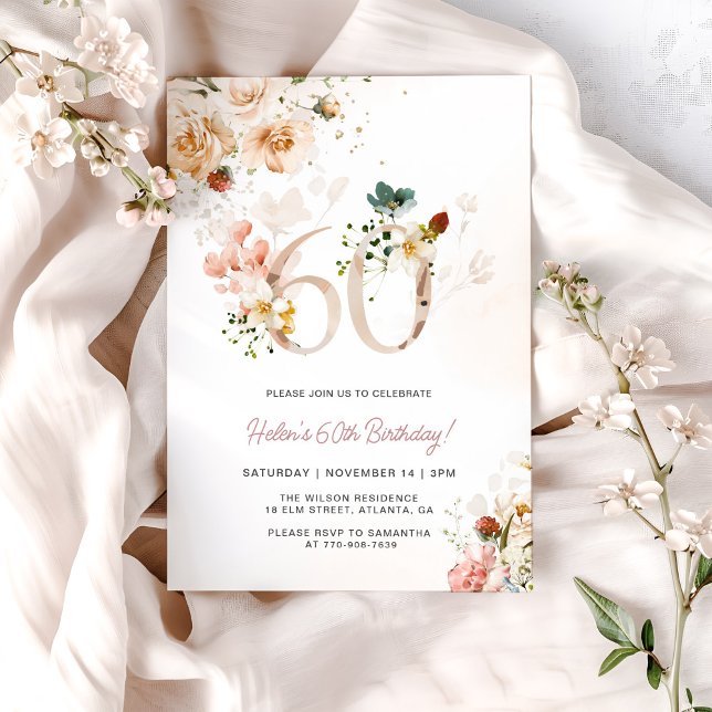 Blush Pink and Gold Floral 60th Birthday Invite (Creator Uploaded)