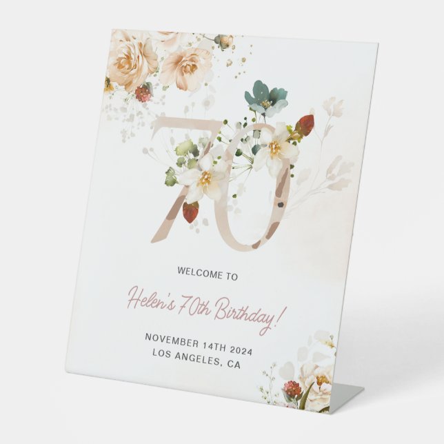 Blush Pink and Gold Floral 70th Birthday Welcome Pedestal Sign (Front)