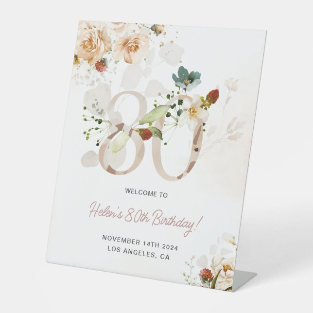 Blush Pink and Gold Floral 80th Birthday Welcome Pedestal Sign (Front)