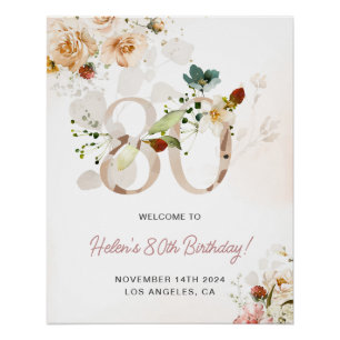 Blush Pink and Gold Floral 80th Birthday Welcome Poster