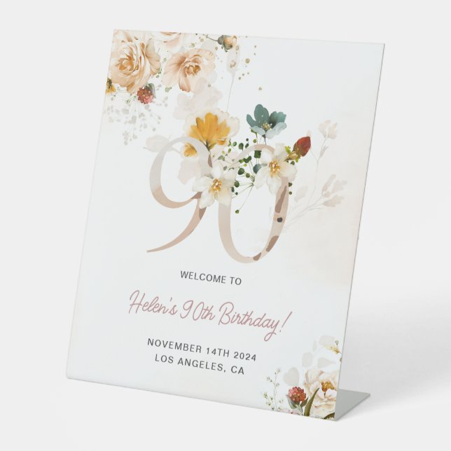 Blush Pink and Gold Floral 90th Birthday Welcome Pedestal Sign (Front)