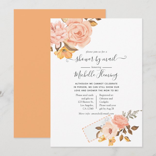 Blush Pink and Gold Floral Baby Shower by Mail Invitation (Front/Back)