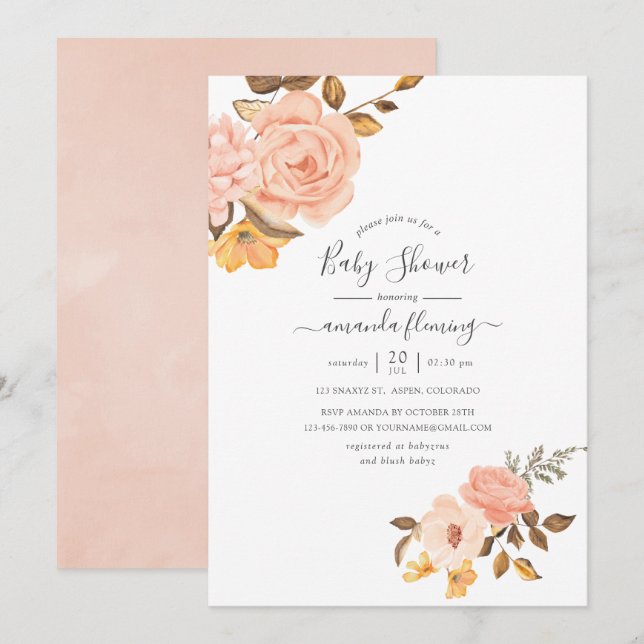 Blush Pink and Gold Floral Baby Shower Invitation (Front/Back)