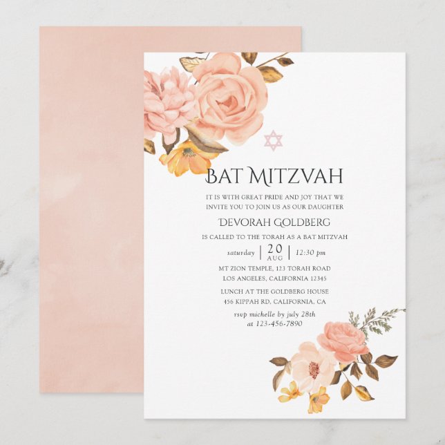 Blush Pink and Gold Floral Bat Mitzvah Invitation (Front/Back)