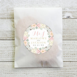 Blush Pink and Gold Floral Boho Wedding Monogram Classic Round Sticker
