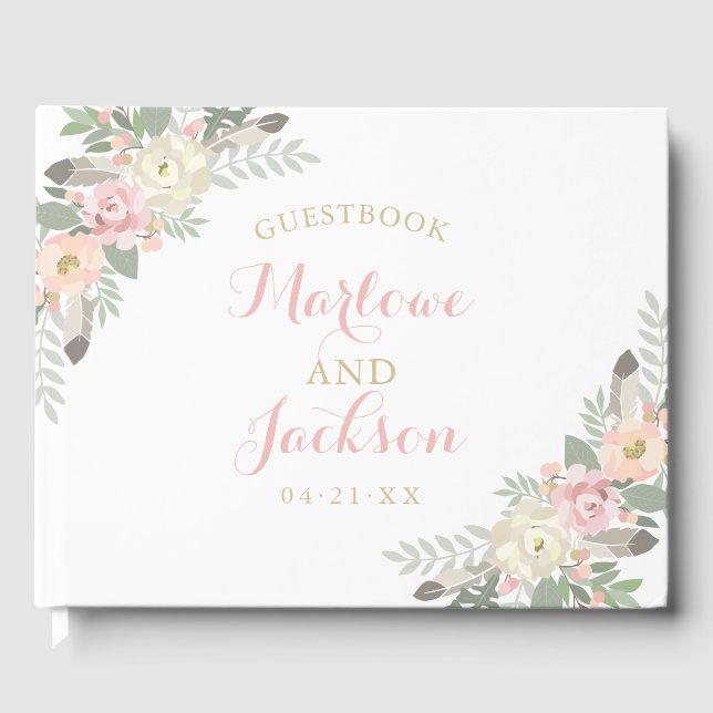 Blush Pink and Gold Floral Boho Wedding Monogram Guest Book (Front)
