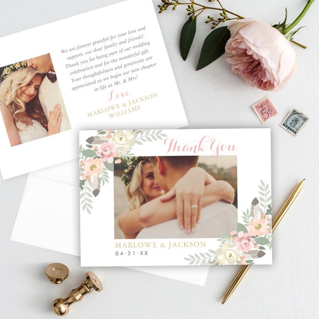 Blush Pink and Gold Floral Boho Wedding Photo Thank You Card (Creator Uploaded)