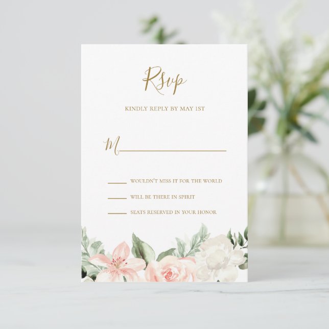 Blush Pink and Gold Floral Botanical RSVP Card (Standing Front)