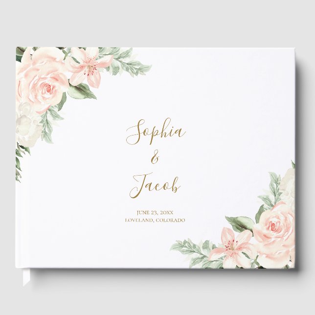 Blush Pink and Gold Floral Botanical Wedding Guest Book (Front)