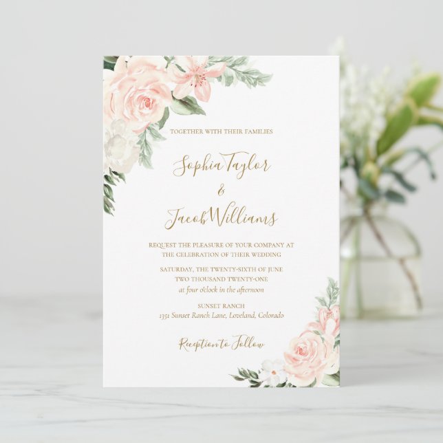 Blush Pink and Gold Floral Botanical Wedding Invitation (Standing Front)