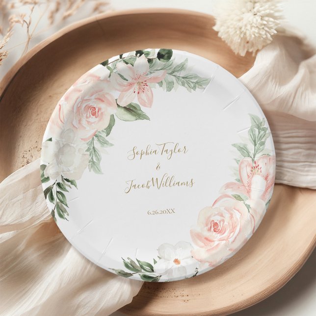 Blush Pink and Gold Floral Botanical Wedding Paper Plate (Creator Uploaded)