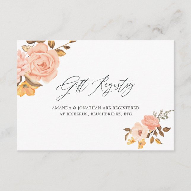 Blush Pink and Gold Floral Bridal Gift Registry Enclosure Card (Front)