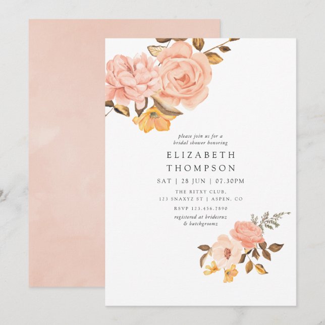 Blush Pink and Gold Floral Bridal Shower Invitation (Front/Back)