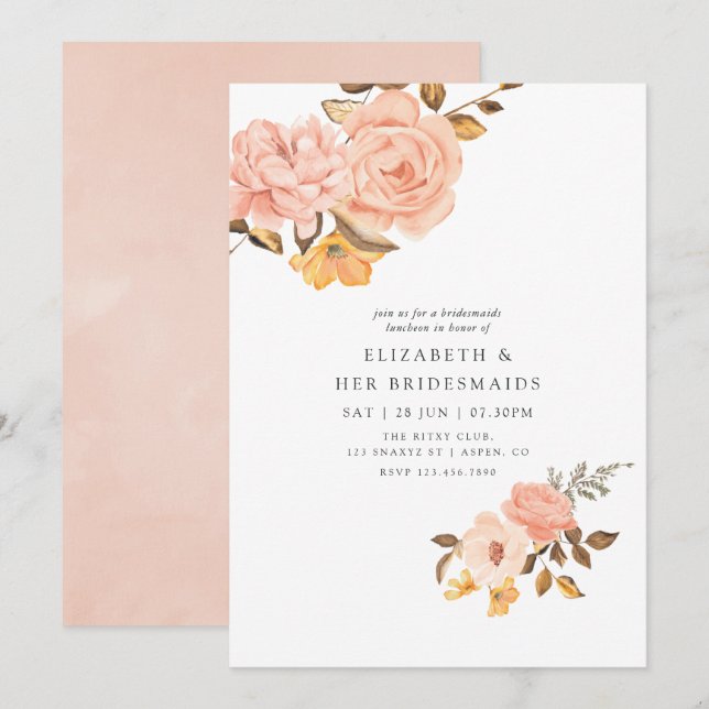 Blush Pink and Gold Floral Bridesmaids Luncheon Invitation (Front/Back)