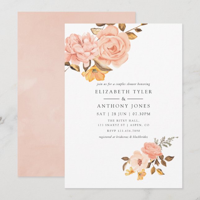 Blush Pink and Gold Floral Couples Shower Invitation (Front/Back)