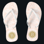 Blush Pink and Gold Floral Damask Monogram Flip Flops<br><div class="desc">Custom printed flip flop sandals with a stylish elegant floral damask pattern and your custom monogram or other text in a circle frame. Click Customise It to change text fonts and colours or add your own images to create a unique one of a kind design!</div>