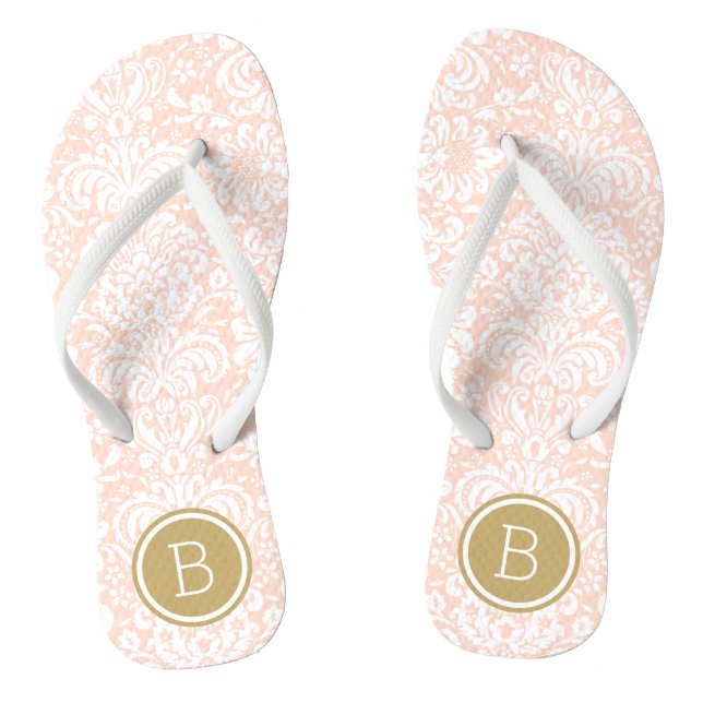 Blush Pink and Gold Floral Damask Monogram Flip Flops (Footbed)