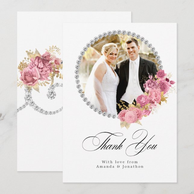Blush Pink and Gold Floral Diamond Wedding Thank You Card (Front/Back)
