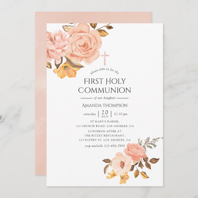 Blush Pink and Gold Floral First Holy Communion Invitation (Front/Back)