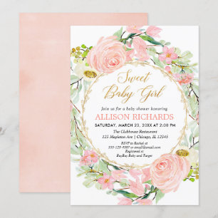 Blush pink and gold floral girl baby shower invitation