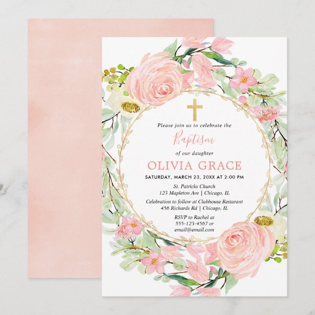 Blush pink and gold floral girl baptism invitation (Front/Back)