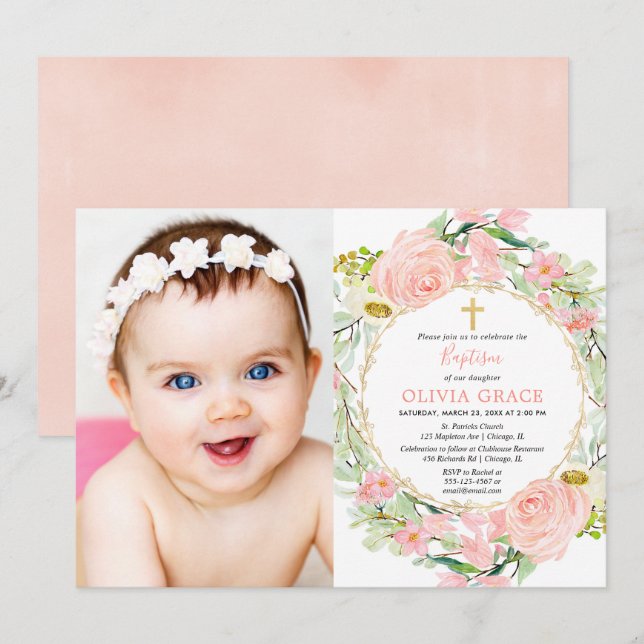Blush pink and gold floral girl baptism photo invitation (Front/Back)