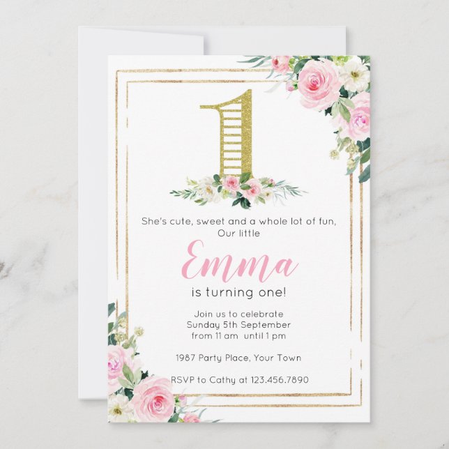 Blush Pink and Gold Floral Girls 1st Birthday Invitation (Front)
