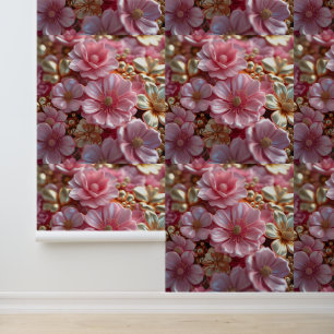 Blush Pink and Gold Floral Peel and Stick Mural Wallpaper
