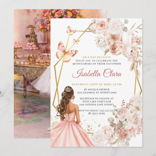 Blush Pink and Gold Floral Princess Quinceanera Invitation (Front/Back)