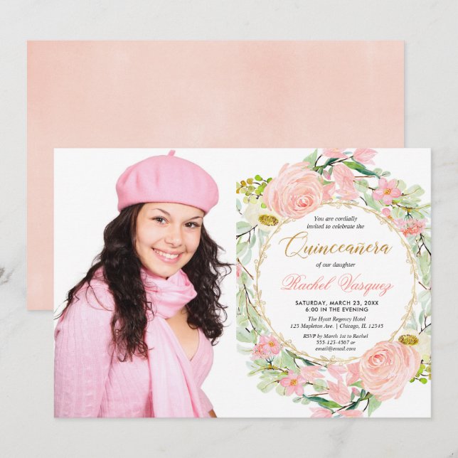 Blush pink and gold floral Quinceanera photo Invitation (Front/Back)