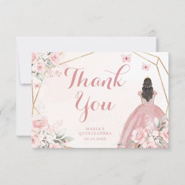 Blush Pink and Gold Floral Quinceanera Thank You Card (Front)