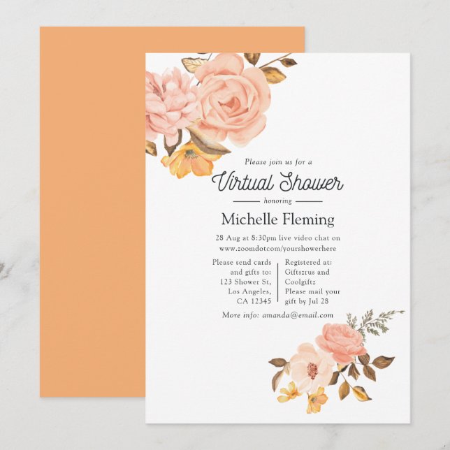 Blush Pink and Gold Floral Virtual Baby Shower Invitation (Front/Back)
